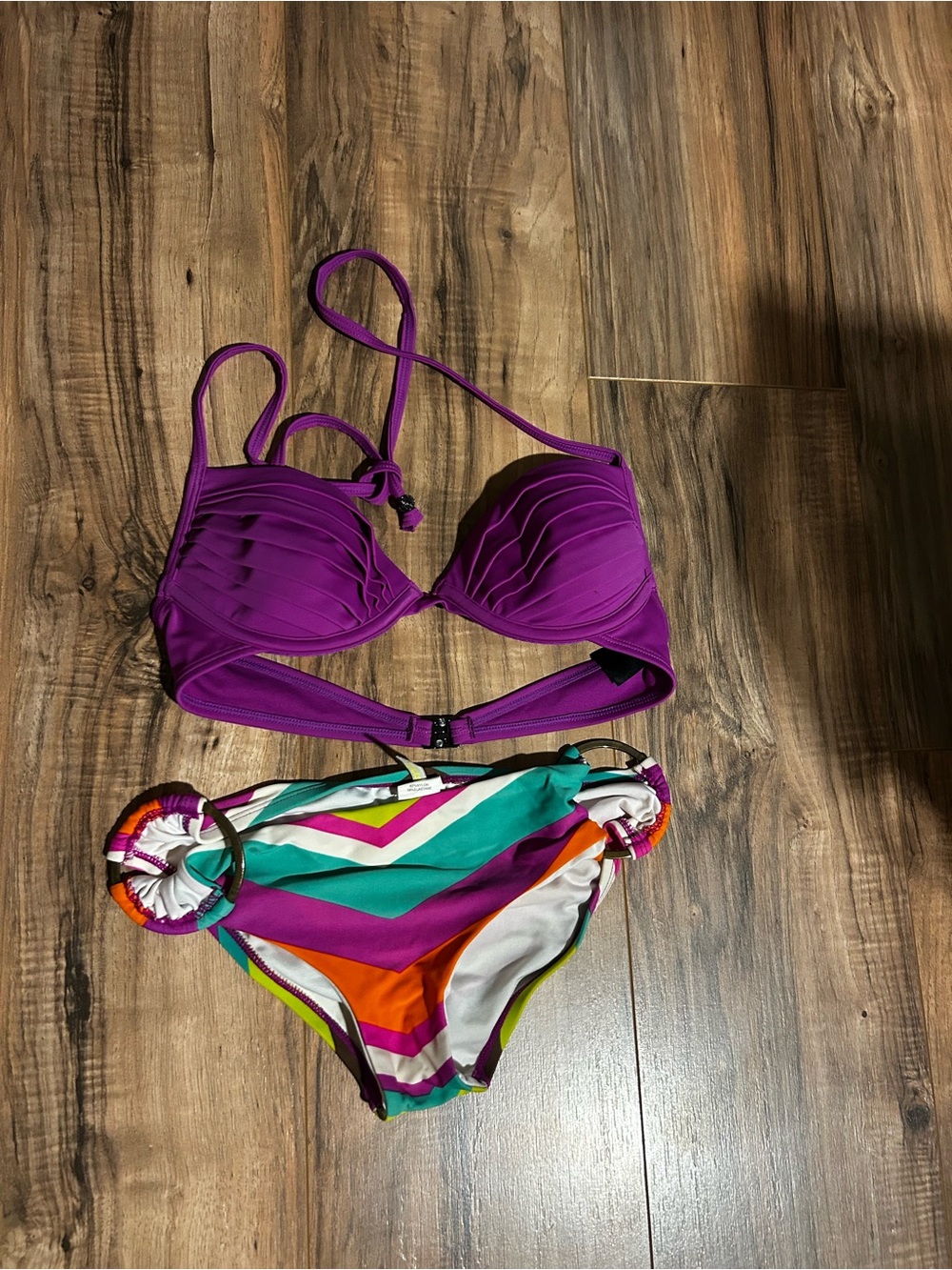 Purple Bandeau Bikini Top with Multi-Color Chevron Bottoms